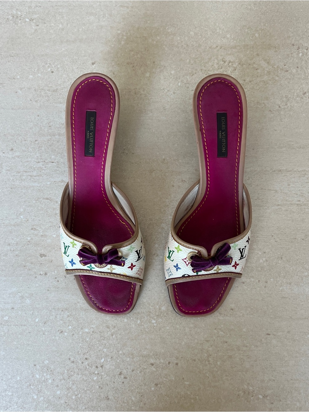 Vintage Louis Vuitton Multicolor Monogram Mules with Fuchsia Insole